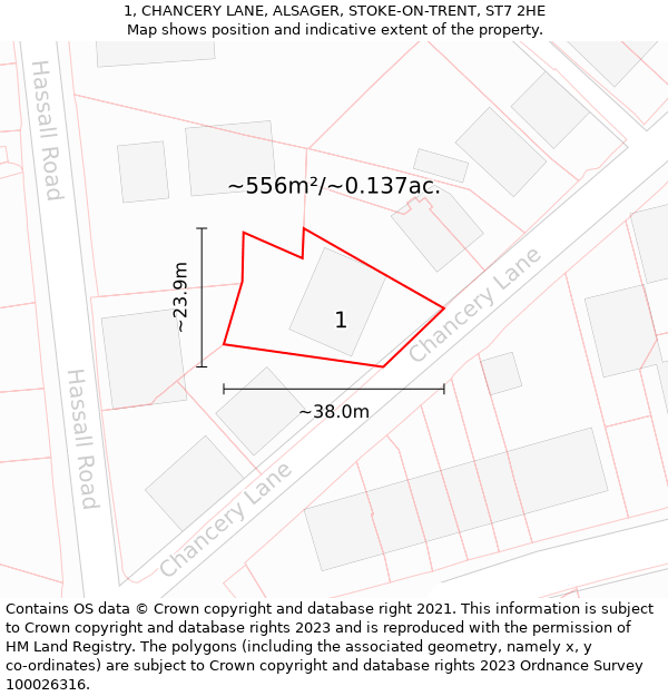 1, CHANCERY LANE, ALSAGER, STOKE-ON-TRENT, ST7 2HE: Plot and title map