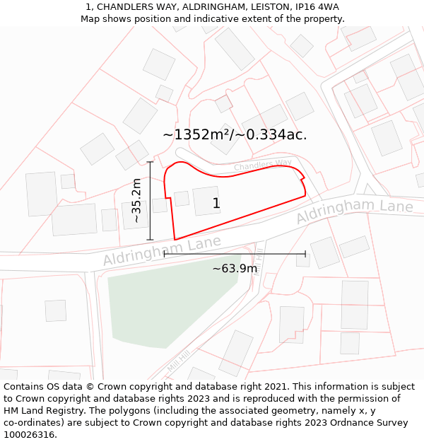 1, CHANDLERS WAY, ALDRINGHAM, LEISTON, IP16 4WA: Plot and title map