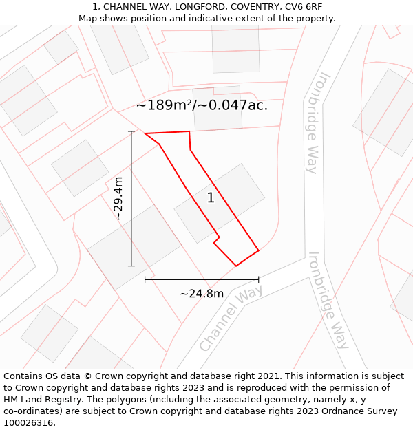 1, CHANNEL WAY, LONGFORD, COVENTRY, CV6 6RF: Plot and title map