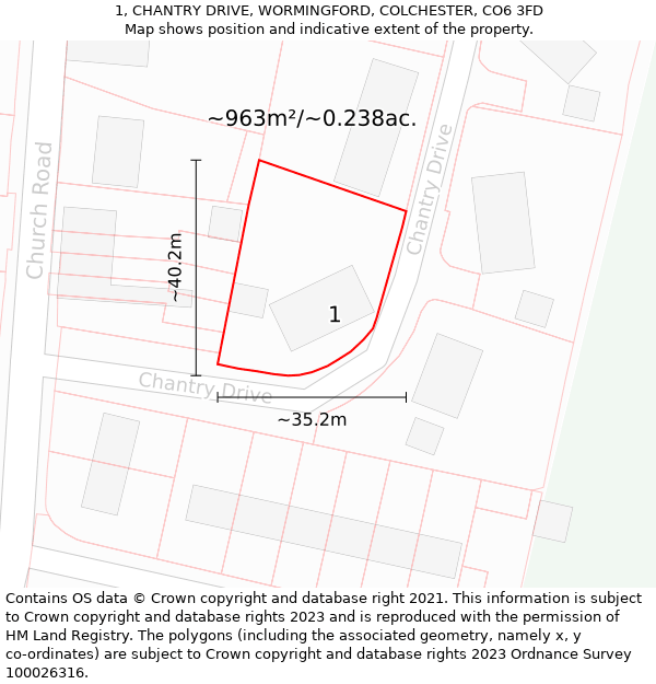 1, CHANTRY DRIVE, WORMINGFORD, COLCHESTER, CO6 3FD: Plot and title map