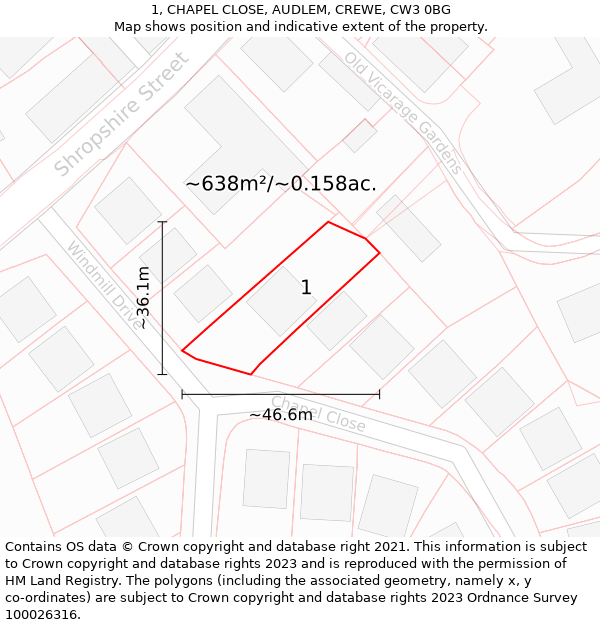 1, CHAPEL CLOSE, AUDLEM, CREWE, CW3 0BG: Plot and title map