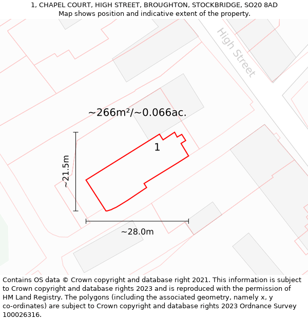 1, CHAPEL COURT, HIGH STREET, BROUGHTON, STOCKBRIDGE, SO20 8AD: Plot and title map