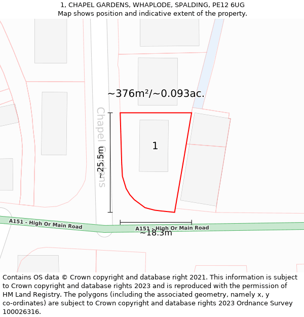 1, CHAPEL GARDENS, WHAPLODE, SPALDING, PE12 6UG: Plot and title map