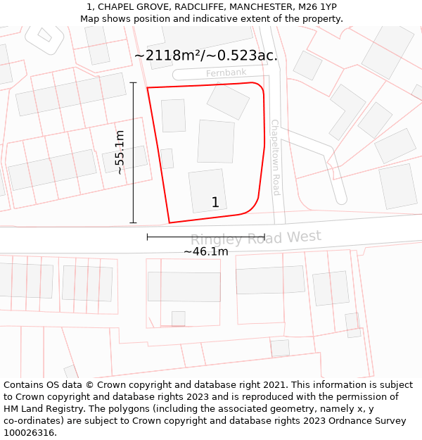 1, CHAPEL GROVE, RADCLIFFE, MANCHESTER, M26 1YP: Plot and title map