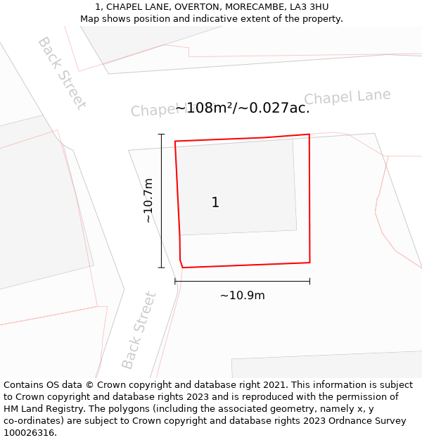 1, CHAPEL LANE, OVERTON, MORECAMBE, LA3 3HU: Plot and title map