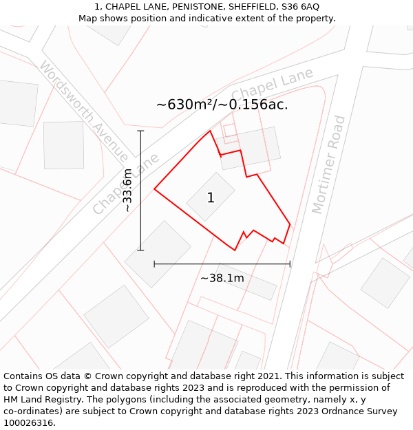 1, CHAPEL LANE, PENISTONE, SHEFFIELD, S36 6AQ: Plot and title map
