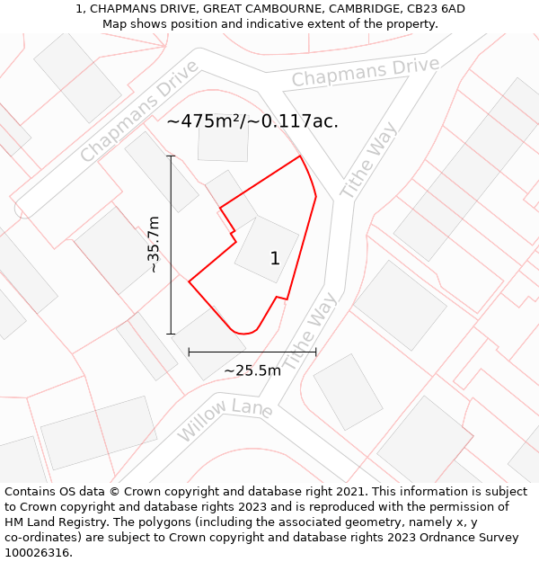 1, CHAPMANS DRIVE, GREAT CAMBOURNE, CAMBRIDGE, CB23 6AD: Plot and title map