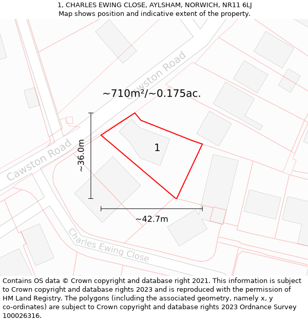 1, CHARLES EWING CLOSE, AYLSHAM, NORWICH, NR11 6LJ: Plot and title map