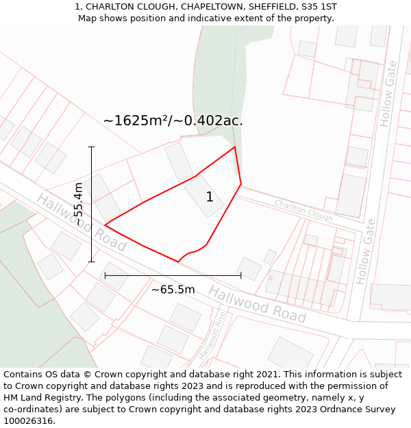 1, CHARLTON CLOUGH, CHAPELTOWN, SHEFFIELD, S35 1ST: Plot and title map