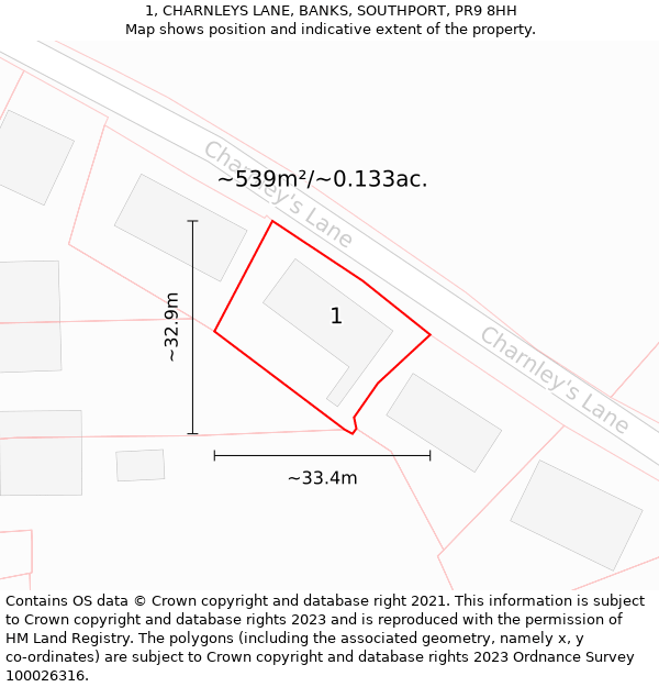 1, CHARNLEYS LANE, BANKS, SOUTHPORT, PR9 8HH: Plot and title map