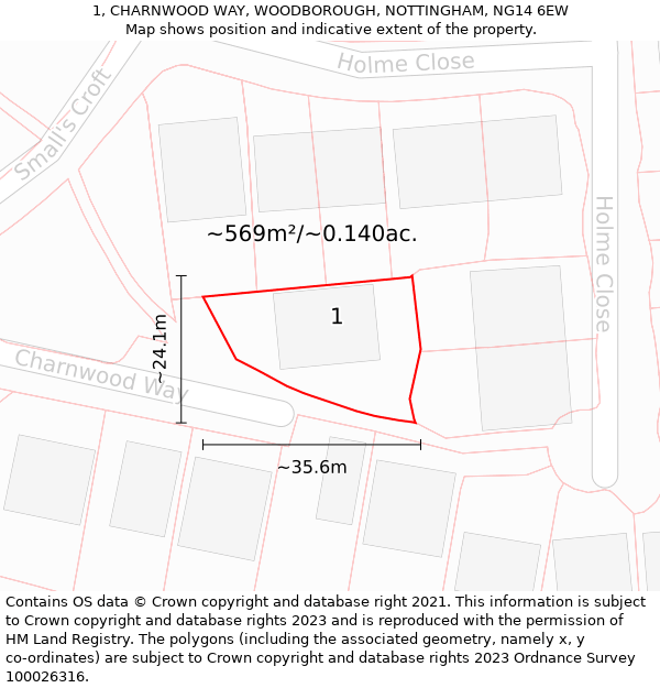 1, CHARNWOOD WAY, WOODBOROUGH, NOTTINGHAM, NG14 6EW: Plot and title map