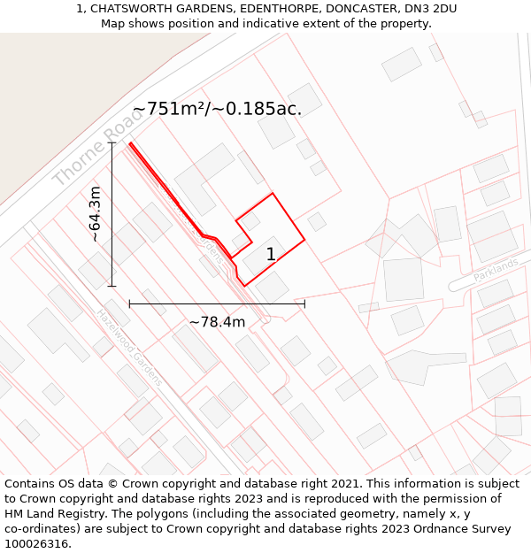 1, CHATSWORTH GARDENS, EDENTHORPE, DONCASTER, DN3 2DU: Plot and title map
