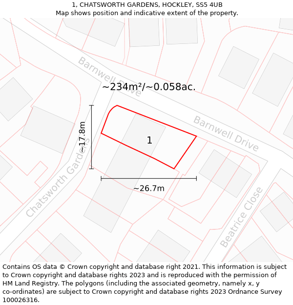 1, CHATSWORTH GARDENS, HOCKLEY, SS5 4UB: Plot and title map