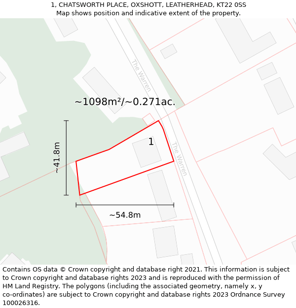 1, CHATSWORTH PLACE, OXSHOTT, LEATHERHEAD, KT22 0SS: Plot and title map