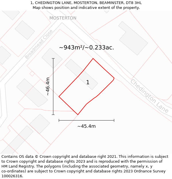 1, CHEDINGTON LANE, MOSTERTON, BEAMINSTER, DT8 3HL: Plot and title map