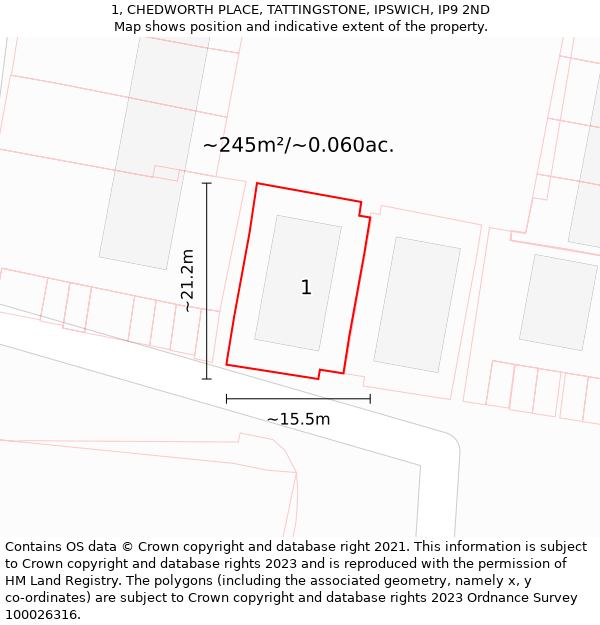 1, CHEDWORTH PLACE, TATTINGSTONE, IPSWICH, IP9 2ND: Plot and title map