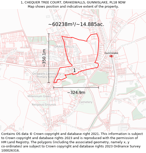 1, CHEQUER TREE COURT, DRAKEWALLS, GUNNISLAKE, PL18 9DW: Plot and title map