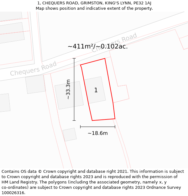1, CHEQUERS ROAD, GRIMSTON, KING'S LYNN, PE32 1AJ: Plot and title map