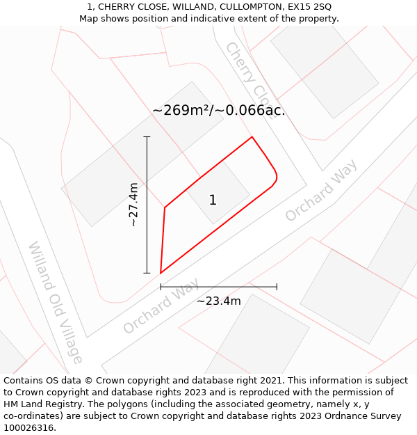 1, CHERRY CLOSE, WILLAND, CULLOMPTON, EX15 2SQ: Plot and title map