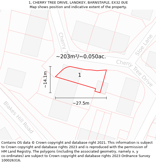 1, CHERRY TREE DRIVE, LANDKEY, BARNSTAPLE, EX32 0UE: Plot and title map