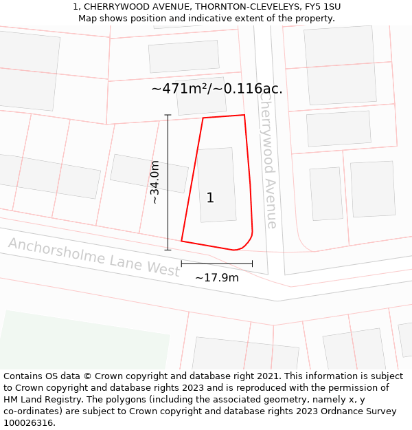 1, CHERRYWOOD AVENUE, THORNTON-CLEVELEYS, FY5 1SU: Plot and title map
