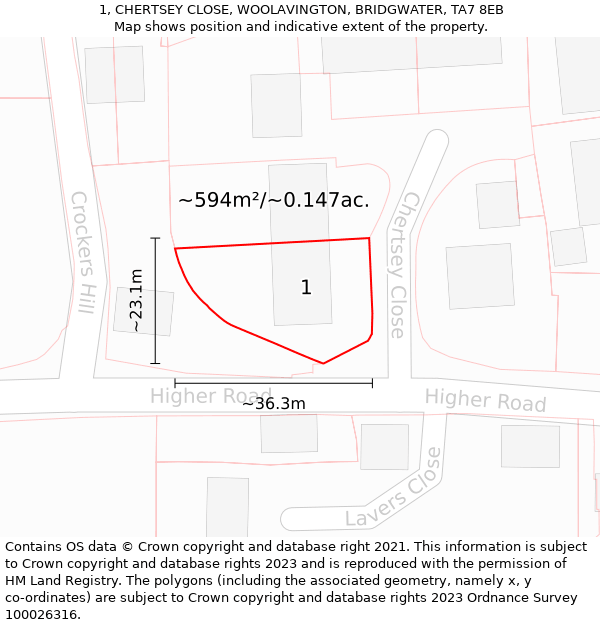 1, CHERTSEY CLOSE, WOOLAVINGTON, BRIDGWATER, TA7 8EB: Plot and title map