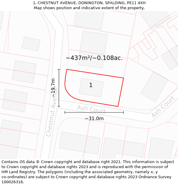 1, CHESTNUT AVENUE, DONINGTON, SPALDING, PE11 4XH: Plot and title map