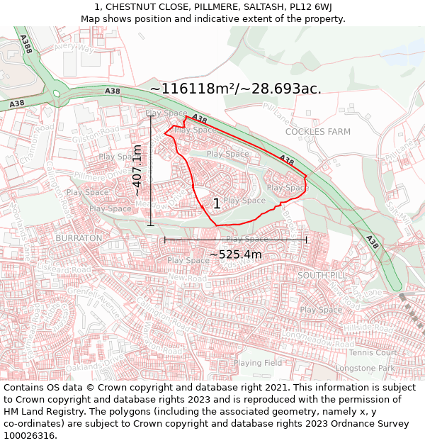 1, CHESTNUT CLOSE, PILLMERE, SALTASH, PL12 6WJ: Plot and title map