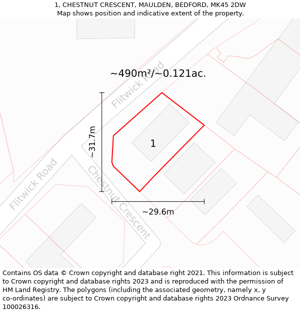 1, CHESTNUT CRESCENT, MAULDEN, BEDFORD, MK45 2DW: Plot and title map