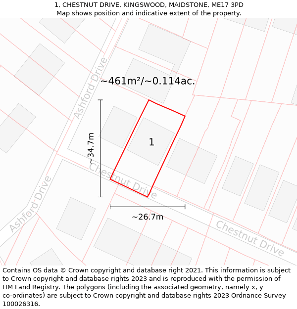 1, CHESTNUT DRIVE, KINGSWOOD, MAIDSTONE, ME17 3PD: Plot and title map