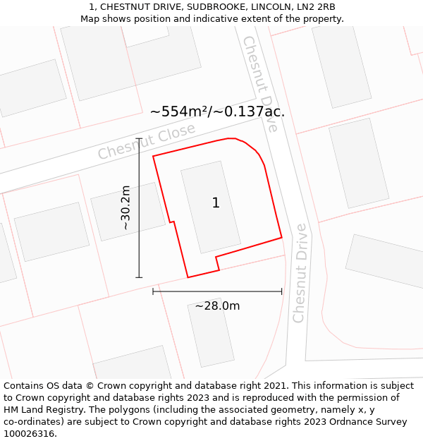 1, CHESTNUT DRIVE, SUDBROOKE, LINCOLN, LN2 2RB: Plot and title map