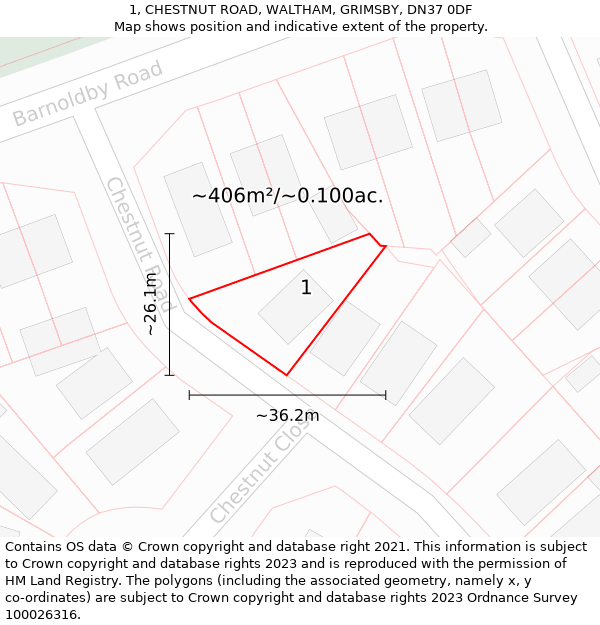 1, CHESTNUT ROAD, WALTHAM, GRIMSBY, DN37 0DF: Plot and title map