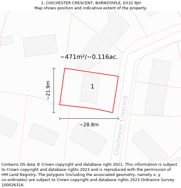 1, CHICHESTER CRESCENT, BARNSTAPLE, EX32 9JH: Plot and title map