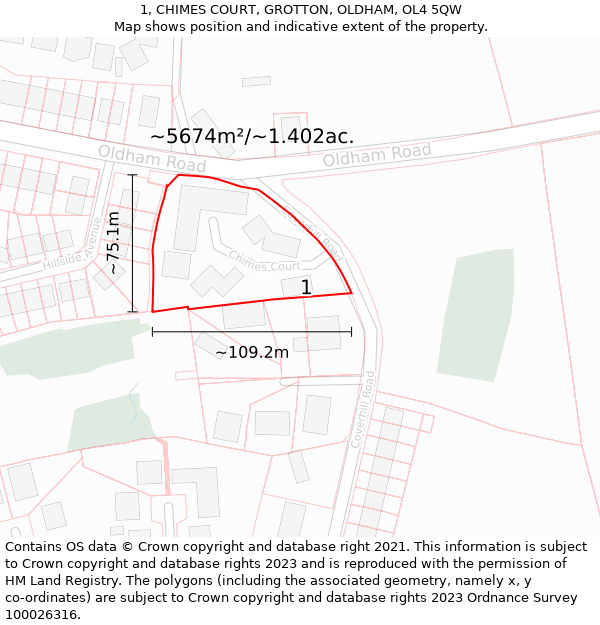 1, CHIMES COURT, GROTTON, OLDHAM, OL4 5QW: Plot and title map