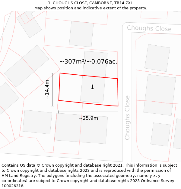 1, CHOUGHS CLOSE, CAMBORNE, TR14 7XH: Plot and title map