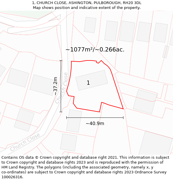 1, CHURCH CLOSE, ASHINGTON, PULBOROUGH, RH20 3DL: Plot and title map