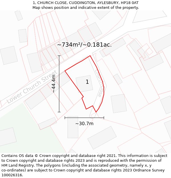 1, CHURCH CLOSE, CUDDINGTON, AYLESBURY, HP18 0AT: Plot and title map