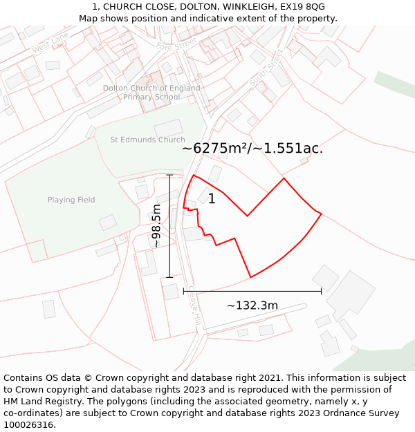 1, CHURCH CLOSE, DOLTON, WINKLEIGH, EX19 8QG: Plot and title map