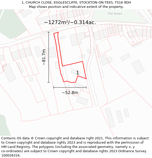 1, CHURCH CLOSE, EGGLESCLIFFE, STOCKTON-ON-TEES, TS16 9DH: Plot and title map