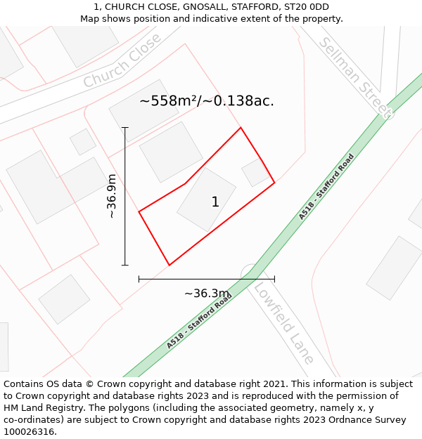 1, CHURCH CLOSE, GNOSALL, STAFFORD, ST20 0DD: Plot and title map