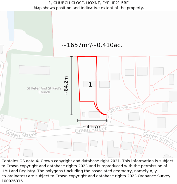 1, CHURCH CLOSE, HOXNE, EYE, IP21 5BE: Plot and title map