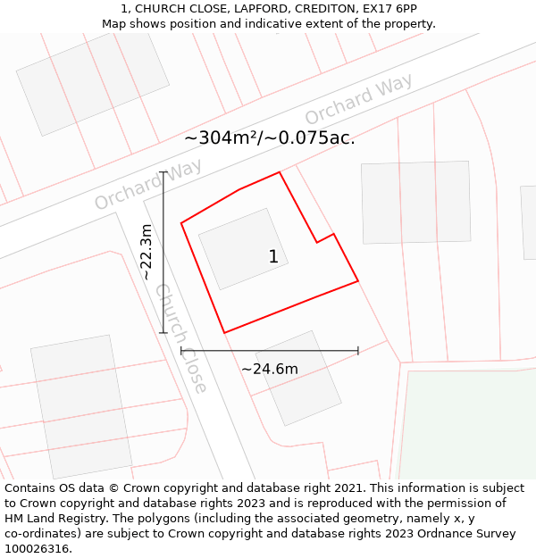 1, CHURCH CLOSE, LAPFORD, CREDITON, EX17 6PP: Plot and title map