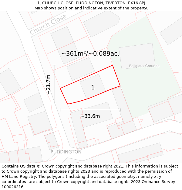 1, CHURCH CLOSE, PUDDINGTON, TIVERTON, EX16 8PJ: Plot and title map