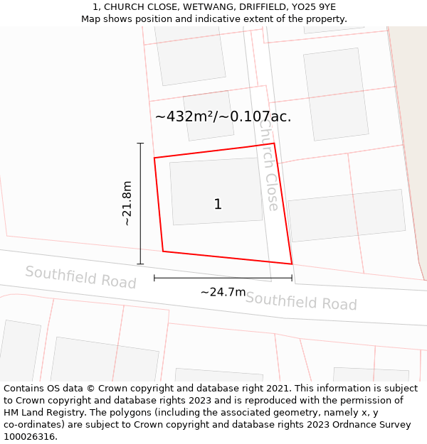 1, CHURCH CLOSE, WETWANG, DRIFFIELD, YO25 9YE: Plot and title map