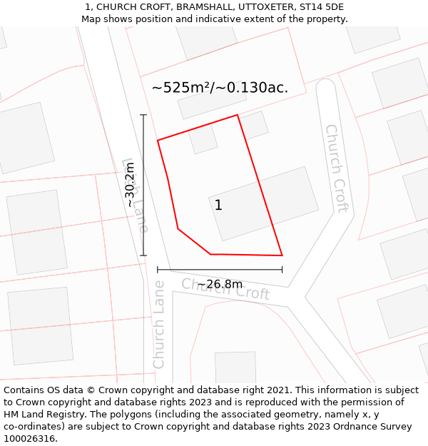 1, CHURCH CROFT, BRAMSHALL, UTTOXETER, ST14 5DE: Plot and title map