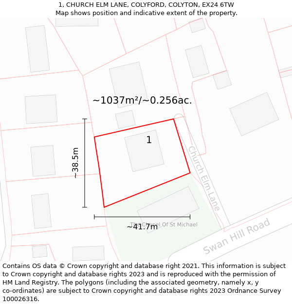 1, CHURCH ELM LANE, COLYFORD, COLYTON, EX24 6TW: Plot and title map