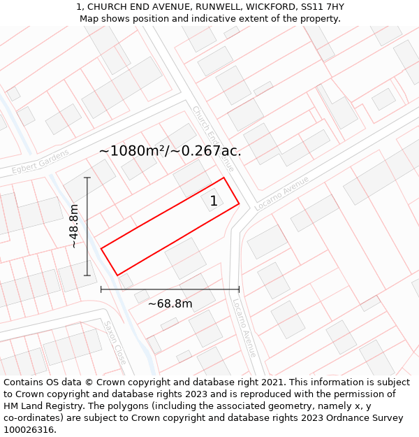 1, CHURCH END AVENUE, RUNWELL, WICKFORD, SS11 7HY: Plot and title map