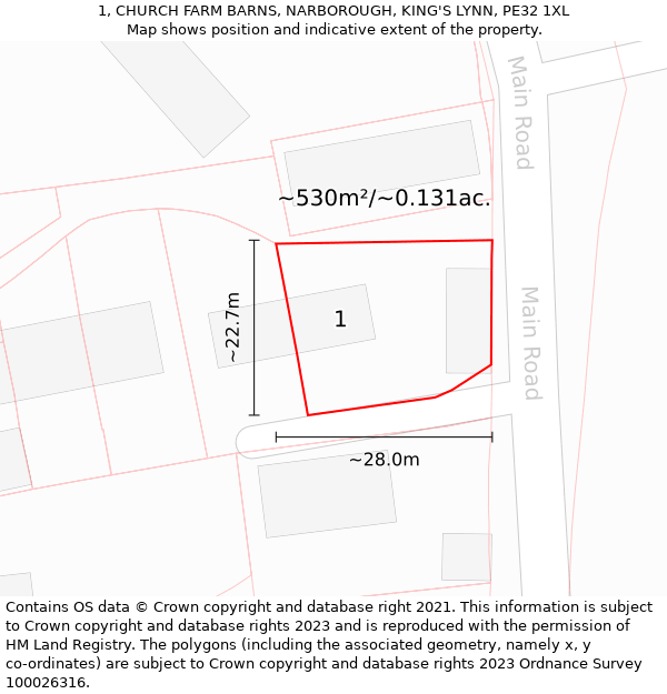 1, CHURCH FARM BARNS, NARBOROUGH, KING'S LYNN, PE32 1XL: Plot and title map