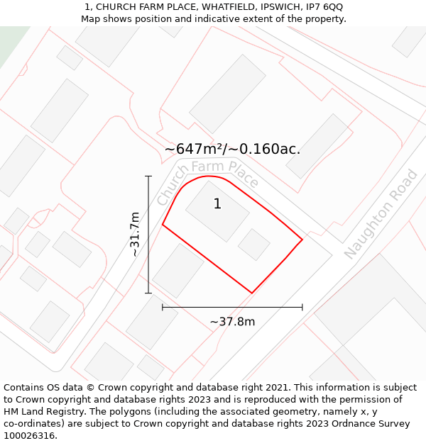 1, CHURCH FARM PLACE, WHATFIELD, IPSWICH, IP7 6QQ: Plot and title map