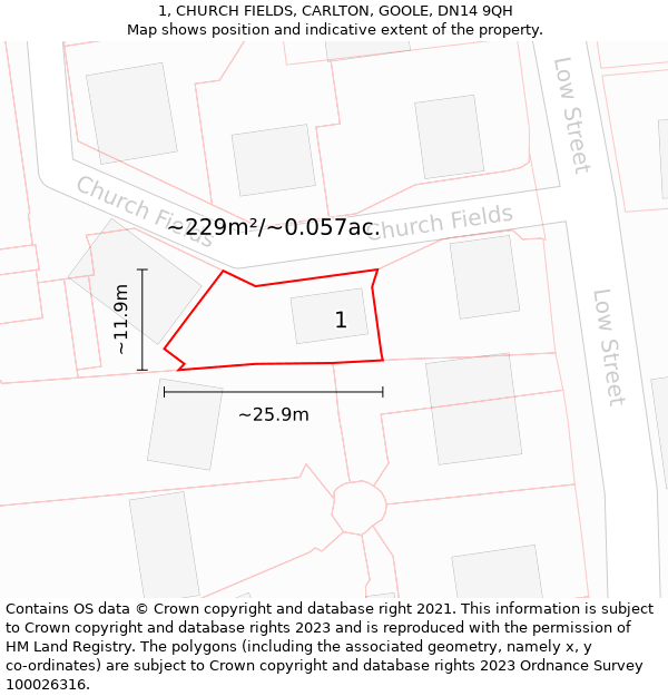 1, CHURCH FIELDS, CARLTON, GOOLE, DN14 9QH: Plot and title map